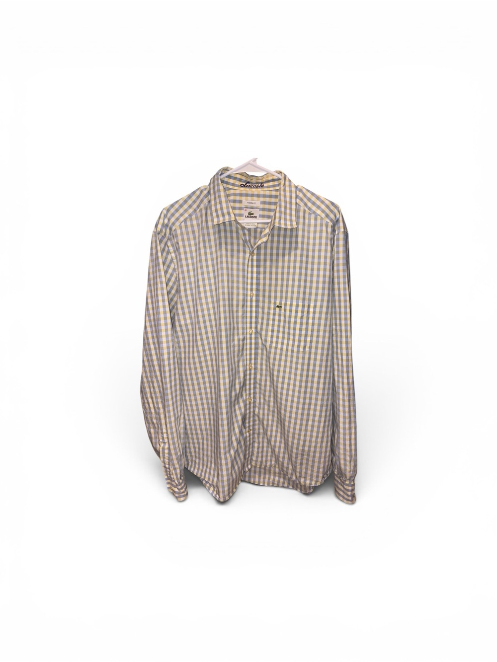 Lacoste Mens Button-Down Gingham Shirt in White and Light Green - Picture 3 of 7